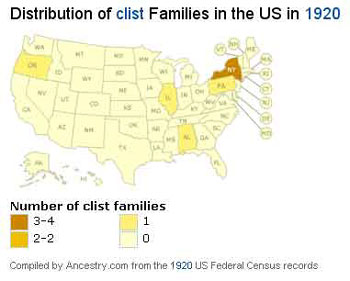 Clist Patronym in the United States, 1920